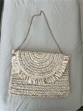 J. Crew Cream Woven Fringe Shoulder Bag with Gold Chain